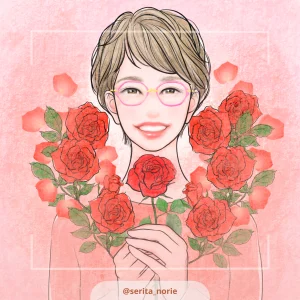 赤い薔薇の花に囲まれた眼鏡をかけたショートカットの女性のイラスト