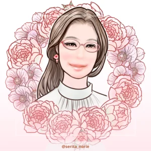 ピンクの花のリースの中で微笑むロングヘアのメガネの女性のイラスト