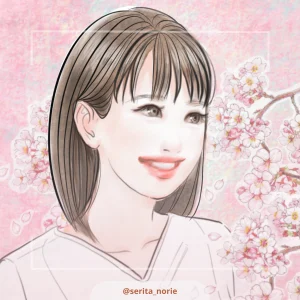桜の花の背景で微笑む女性のイラスト