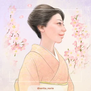 桜の花をバックに薄いオレンジ色の着物を着て微笑む横顔の女性のイラスト