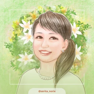 白い花の背景で微笑む女性のイラスト