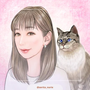 青い目の猫とロングヘアーの女性のイラスト