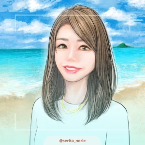 浜辺を背景に微笑む女性のイラスト