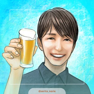 生ビールを片手に微笑む男性のイラスト