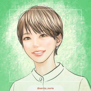 緑色の背景で微笑むショートカットの女性のイラスト