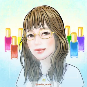 色とりどりの化粧品の瓶の背景で眼鏡をかけた女性のイラスト