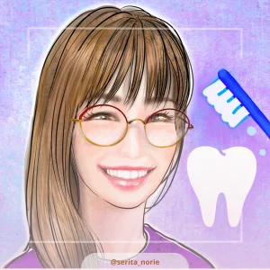 歯と歯ブラシの背景で、微笑むメガネの女性のイラスト