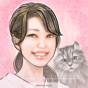 猫と一緒に微笑む髪を一つに束ねた女性のイラスト