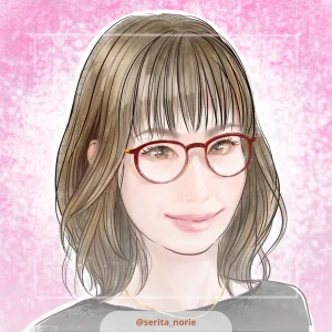 ピンク色の背景で微笑むメガネの女性のイラスト