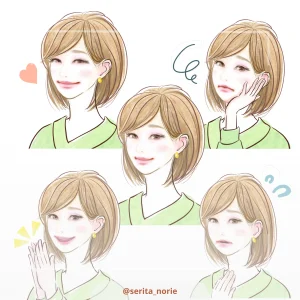 笑顔や困った顔の女性の表情５パターン