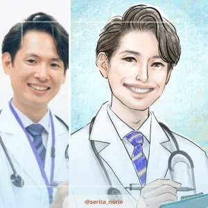 笑顔の男性医師の写真とそのイラスト