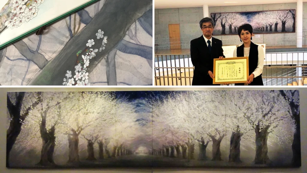 富岡町文化交流センターに桜のトンネルを寄贈時の写真とイラスト