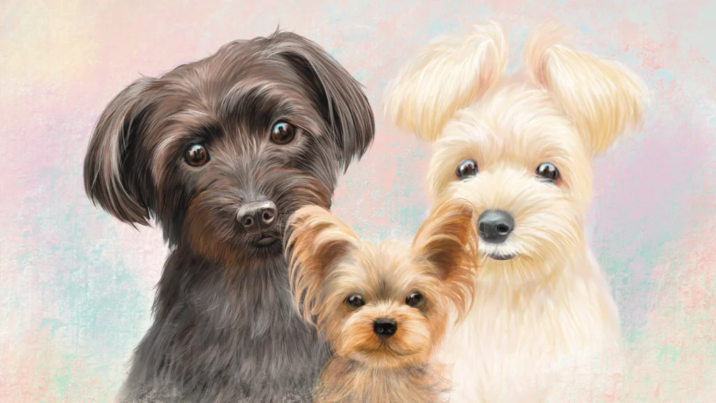 焦茶、茶色、アイボリーの犬の家族のイラスト